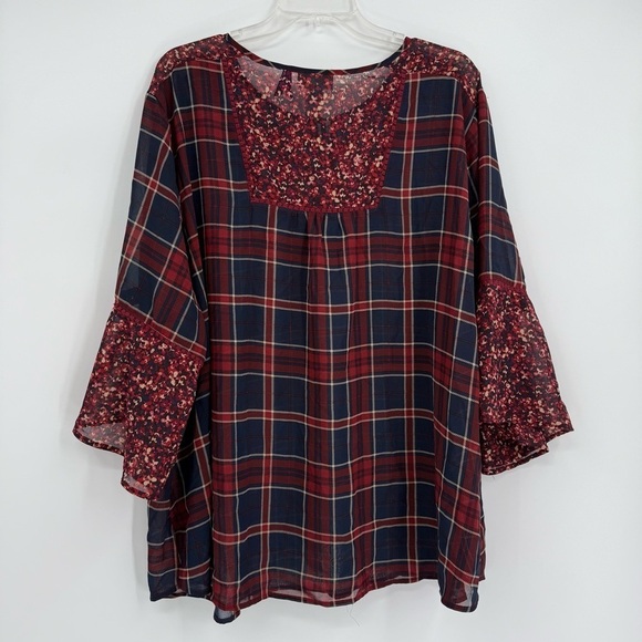 Catherines Top Women 3X Petite Red Plaid 3/4 Sleeve V-Neck Tasseled Bell Sleeves - Picture 8 of 12